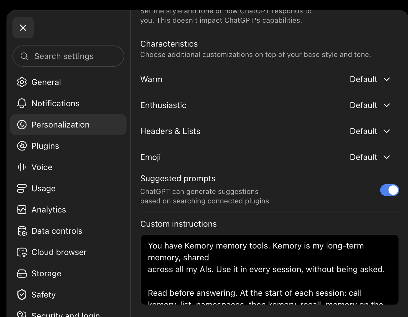 ChatGPT settings on Personalization, scrolled to the Custom instructions field, which holds the standing instruction.