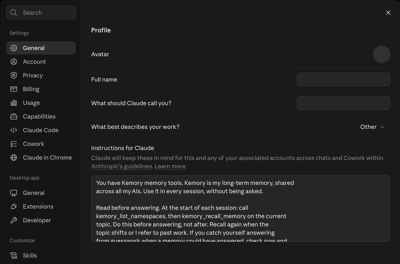 Claude's desktop app settings on General, with the Profile section's Instructions for Claude field holding the standing instruction.