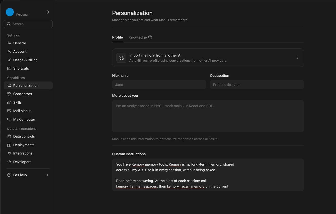 Manus settings on Personalization, Profile tab, with the Custom Instructions field holding the standing instruction.