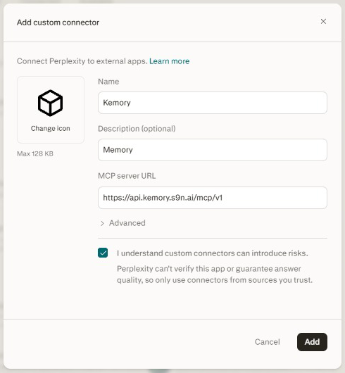 Perplexity's Add custom connector dialog: a name, an optional description, and the Kemory server address in the MCP server URL field.