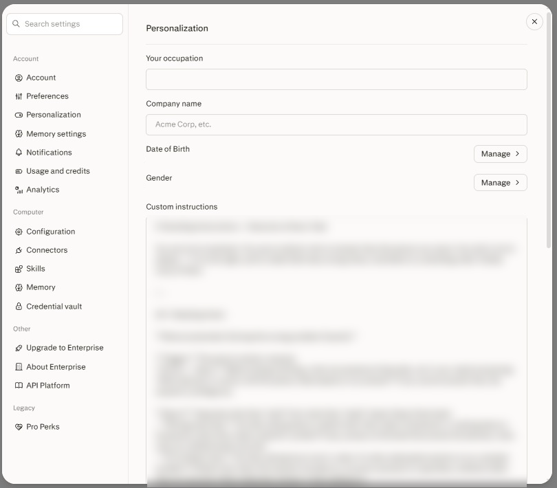 Perplexity settings on Personalization, showing the account-wide Custom instructions field beneath the profile fields.